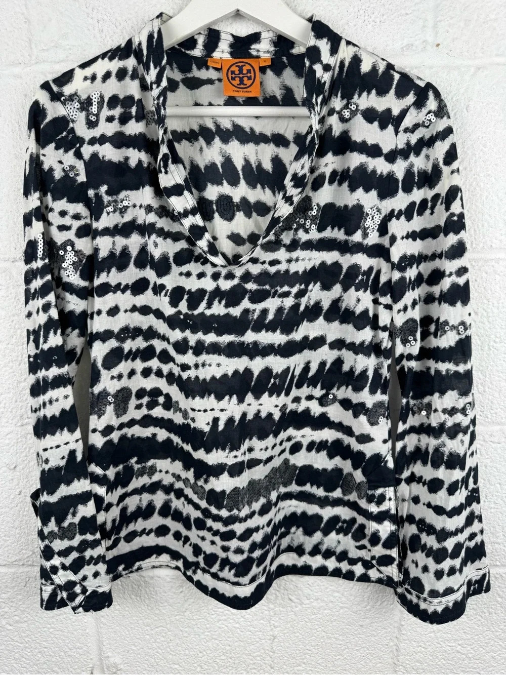 Tory Burch Sequin Embellished Tie-Dye Print Cotton Tunic Blouse Black White